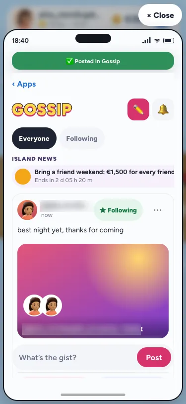 A Gossip post with a party's group photo, its faces and its caption