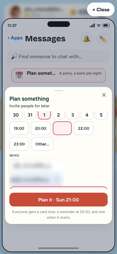 The Plan something sheet: what, when and who, with a button that repeats the night