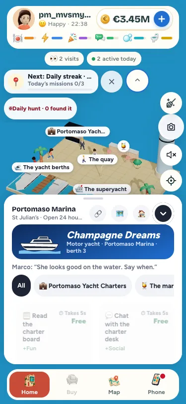 Portomaso Marina on a phone: the yachts and the tower, and the marina's card with a motor yacht at her berth
