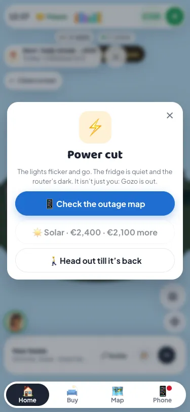The Power cut card in Malta Living: the lights flicker and go, it isn't just you, Gozo is out; buttons for Check the outage map, Solar at €2,400 and Head out till it's back
