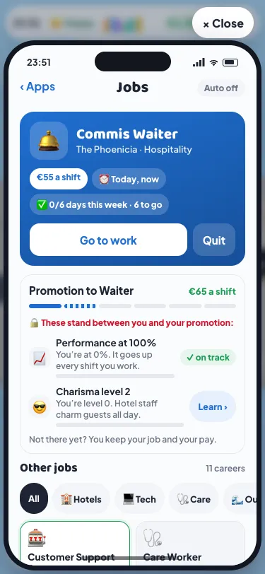 The Jobs app on a phone: Commis Waiter at The Phoenicia, €55 a shift, 0 of 6 days this week, Go to work and Quit, and under it the promotion to Waiter at €65 a shift. On a holiday the button reads Closed for the holiday, and Coming up lists the next ones
