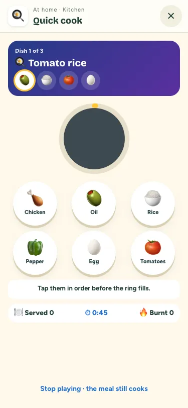 Quick cook on a phone: the order card on top, the pan inside its heat ring, and six round ingredient buttons