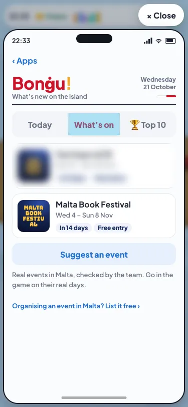 What's on in Bonġu! on the in-game phone: the Malta Book Festival's card with its dates, In 14 days and Free entry