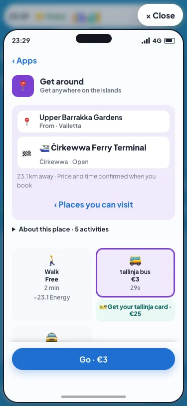 The Get around app in Malta Living, planning a trip from Upper Barrakka Gardens to Ċirkewwa Ferry Terminal by walking or the tallinja bus