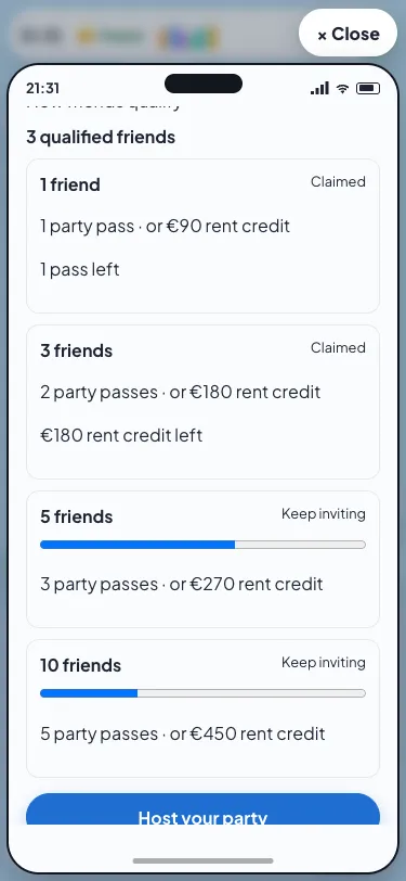 The Rewards screen with a claimed party pass, rent credit and progress toward the next milestones