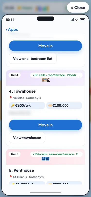 The Homes app listing homes by tier: the townhouse in Valletta to rent at €600 a week or buy for €100,000, with Move in and View townhouse, and the penthouse in St Julian's below