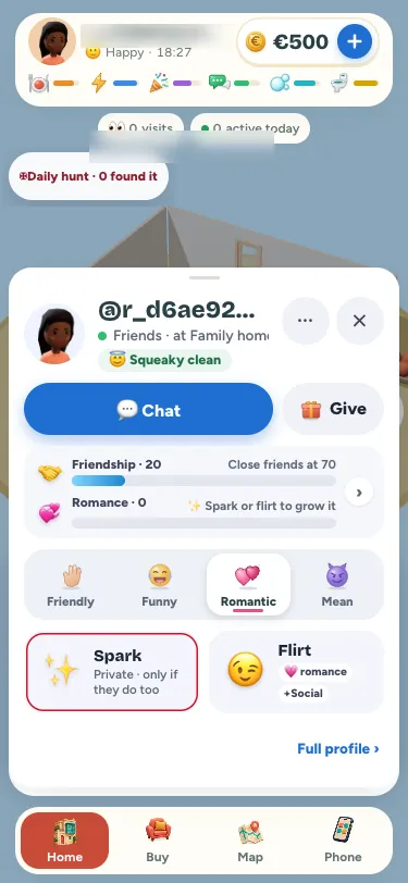 A player's card on a phone: the friendship bar and the new romance bar under it, and the Romantic tab with Spark and Flirt