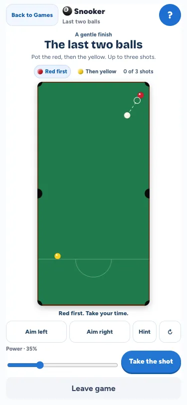 The Last two balls practice table in Malta Living, with the red-first goal, shot count, Hint and Take the shot controls