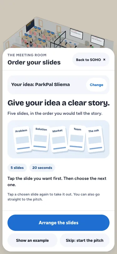 The SOHO slide brief showing the chosen startup idea, five illustrated slide cards, Arrange the slides and the optional example