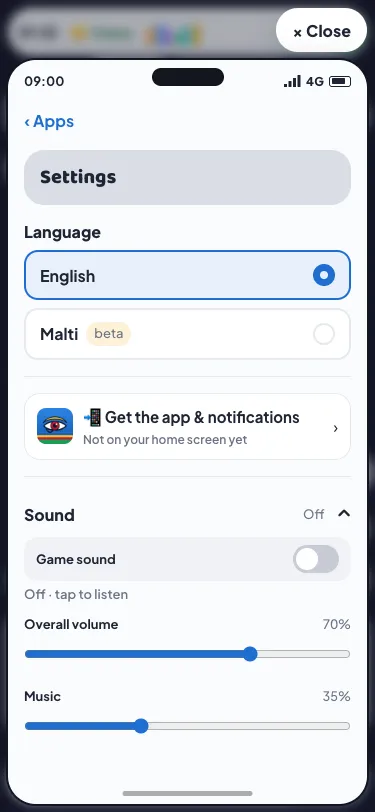 Sound settings with separate overall, music, world ambience and effects controls in the game’s phone