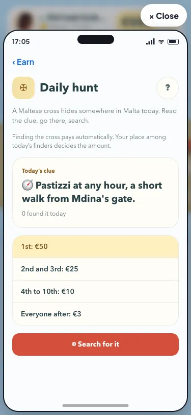 The Daily hunt page with its clue and four prize bands
