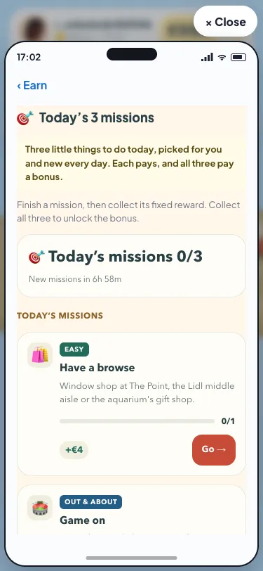 Daily mission cards with progress and their existing actions