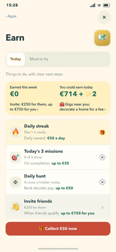 The Earn overview with live totals, ready rewards and the beginning of its list