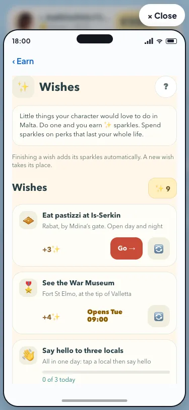 Current wishes and their sparkle rewards in rounded cream cards