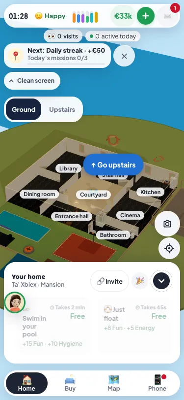 The Ta' Xbiex palazzo's ground floor from above: rooms with real walls round an open courtyard and its fountain, the double staircase at the back, and the garden and pool in front