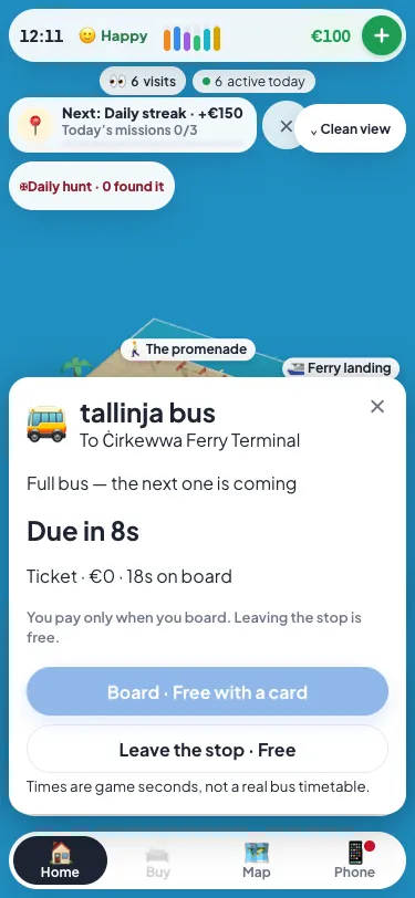 The game bus stop with a departure estimate and a free cancellation button