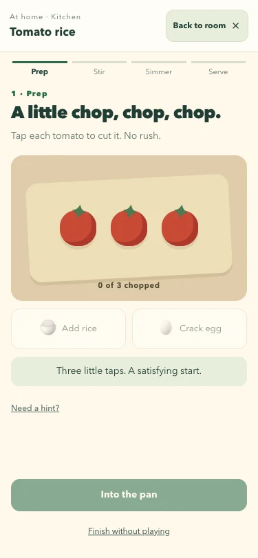 The tomato-rice prep screen, with three tomatoes ready to chop