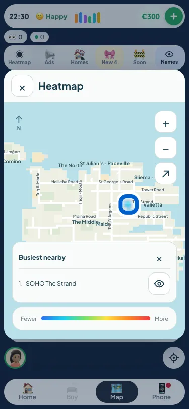 A phone with the heatmap open over the map: pale streets, a blue patch by The Strand, and a Busiest nearby card listing one place with an eye button beside it