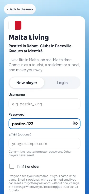 The sign-up screen: username, a password box with its eye showing "pastizz-123", optional email, and the "I'm 18 or older" box